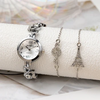 3шт Роскошный набор часов-браслетов Подходит для женщин Бриллиантовые часы для любви Модные кварцевые часы Подходят для женского платья Бесплатная доставка