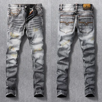 Модные дизайнерские мужские джинсы Высокого качества в стиле ретро, выстиранные Серые Эластичные Тонкие рваные джинсы, Мужские дизайнерские винтажные джинсовые брюки с вышивкой