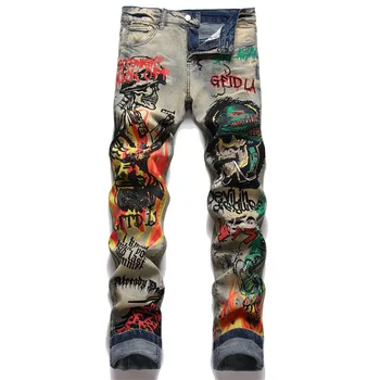 Недавно поступившие мужские брюки Модный тренд, приталенная посадка, эластичная печать и крашение, мужские маленькие джинсы с прямыми штанинами с дырками