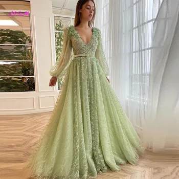 Роскошные платья для выпускного вечера с бисером и кристаллами 2023, вечернее платье с длинными рукавами и зелеными кружевными аппликациями, Женские вечерние платья из Саудовской Аравии трапециевидной формы