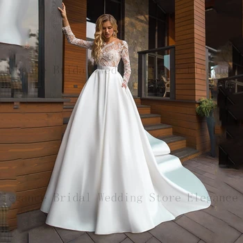 Современный стиль, белые атласные свадебные платья для женщин, кружевные аппликации, платье невесты с длинным рукавом, шлейф с кисточками, свадебное платье с круглым вырезом