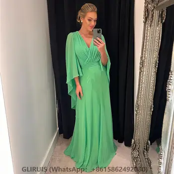 Зеленое шифоновое вечернее платье с V-образным вырезом, женские складки, платья для выпускного вечера длиной до пола, свадебное платье для гостей на молнии сзади