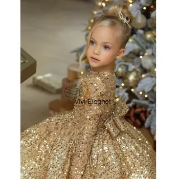 Блестящие платья для девочек в цветочек длиной до колен, расшитые золотыми блестками, Рождественское платье для принцессы с длинным рукавом 2023 г.