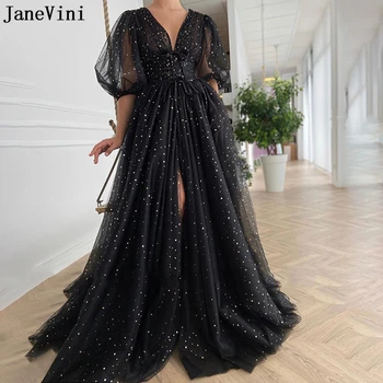 JaneVini Bling Stars, блестки, Черные вечерние платья, Женские пышные рукава, Тюль трапециевидной формы, Модные Длинные вечерние платья в Дубае