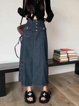 HOUZHOU Винтажная Длинная джинсовая юбка Женская с высокой талией, карманы трапециевидной формы, повязка на пуговицах, Корейская модная джинсовая юбка Миди, уличная одежда для девочек
