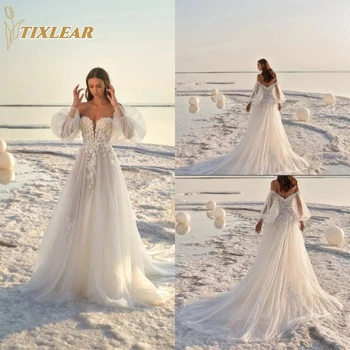 Пляжные свадебные платья TIXLEAR с открытыми плечами, кружевные аппликации, Тюлевые свадебные платья, Трапециевидный шлейф, Vestido De Novia