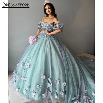 Бальное платье с короткими пышными рукавами, пышные платья с цветочными аппликациями, прозрачная официальная вечеринка принцессы