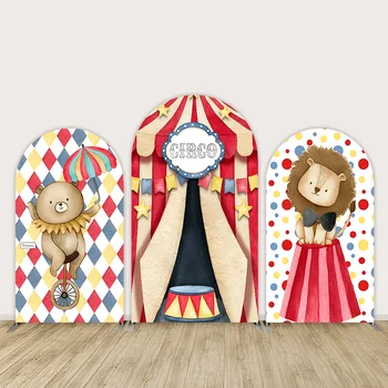 Мультяшный Фон с аркой, Красный цирковой шатер, Карнавальный фон для фотосъемки, декор для вечеринки по случаю Дня рождения, Баннер для детей