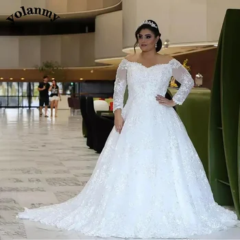 Классическое свадебное платье Aline с вырезом лодочкой YOLANMY, застежка-молния, шлейф, аппликации, кружево, глубокий рукав, иллюзия спинки, прямая поставка