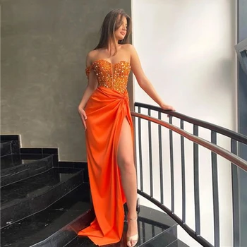 Оранжевые Сексуальные платья выпускного вечера Русалки 2022 без бретелек с блестками и высоким разрезом сбоку Вечерние платья для особых случаев