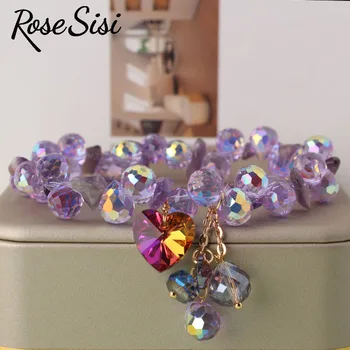 Роза сиси, корейский шарм, браслет с двойным кристаллом для женщин, подвеска в виде ракушки, сверкающий браслет для свиданий, ювелирные изделия для любви, эластичная веревка