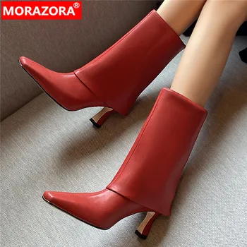 MORAZORA / Новинка 2023, современные ботинки без застежки из натуральной кожи, зимние ботинки на тонком высоком каблуке, женские ботинки до середины икры с квадратным носком