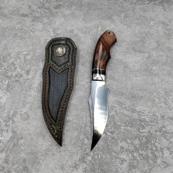 Нож с фиксированным лезвием из стали Uzi, уличный инструмент, Охотничьи Прямые ножи для выживания, Рукоятка из пустынного железного дерева в кожаных ножнах