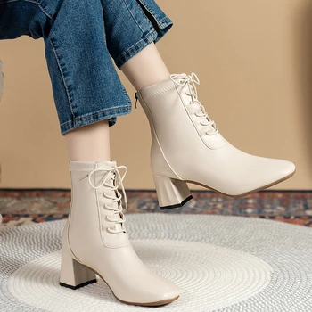 Женская обувь 2023, высококачественные женские ботинки на шнуровке, зимние модные ботинки с квадратным носком, на коротком бочкообразном массивном каблуке большого размера
