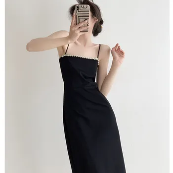 Новое летнее платье с французским ремешком с открытыми плечами, прямое коктейльное платье миди с вырезом лодочкой, элегантное цельнокроеное вечернее платье черного цвета.