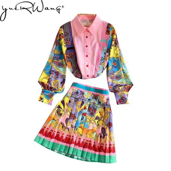 Женский комплект yuerwang, комплекты женской рубашки и юбки, винтажная блузка с рукавом-фонариком, женские комплекты с плиссированной юбкой с высокой талией