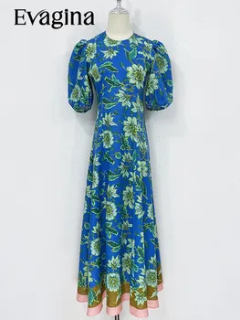 Летнее льняное платье Evagina с растительным принтом И рукавами-фонариками в стиле инди-фолк, темно-синее платье с высокой талией длиной до колен