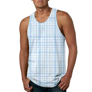 Топы с коротким рукавом, Приталенная мужская уличная футболка, Винтажная летняя рубашка в клетку без рукавов с круглым вырезом, топы на бретелях, блузка футболка