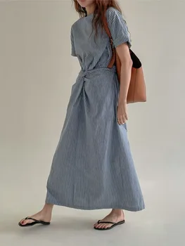 Женское летнее винтажное элегантное длинное полосатое бандажное платье с эластичной талией, приталенный Макси-сарафан в Корейском стиле 2023