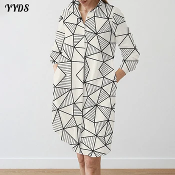 Элитный дизайн, Офисные женские платья для пригородных поездок, Элегантное женское платье-рубашка с геометрическим рисунком в стиле харадзюку, платье с длинным рукавом, юбка до колена с отворотом