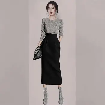 Весенне-осенний Корейский комплект из 2 предметов, женская высококачественная легкая роскошная рубашка с длинным рукавом + облегающая черная юбка миди, элегантный костюм для поездок на работу